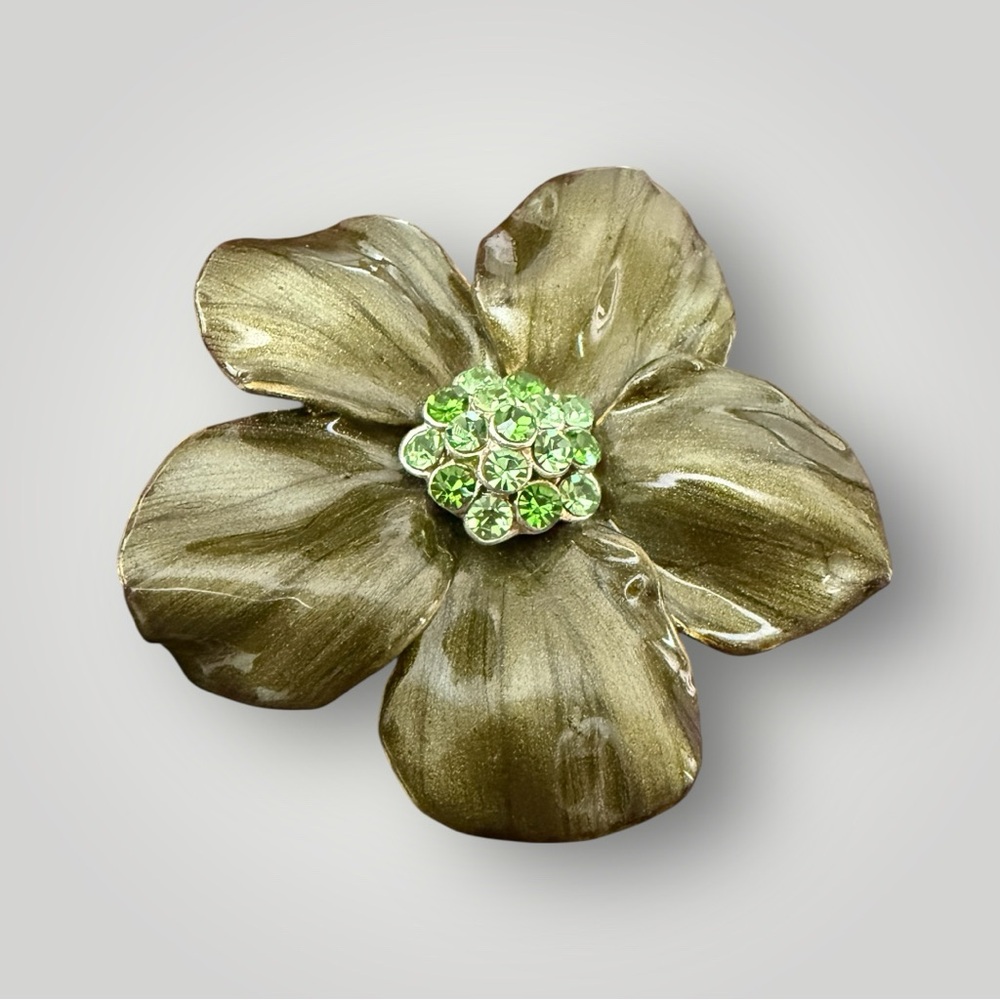 Vintage Signed Best Products Metallic Green Flower Brooch/Pendant Rhinestones - Picture 3 of 5